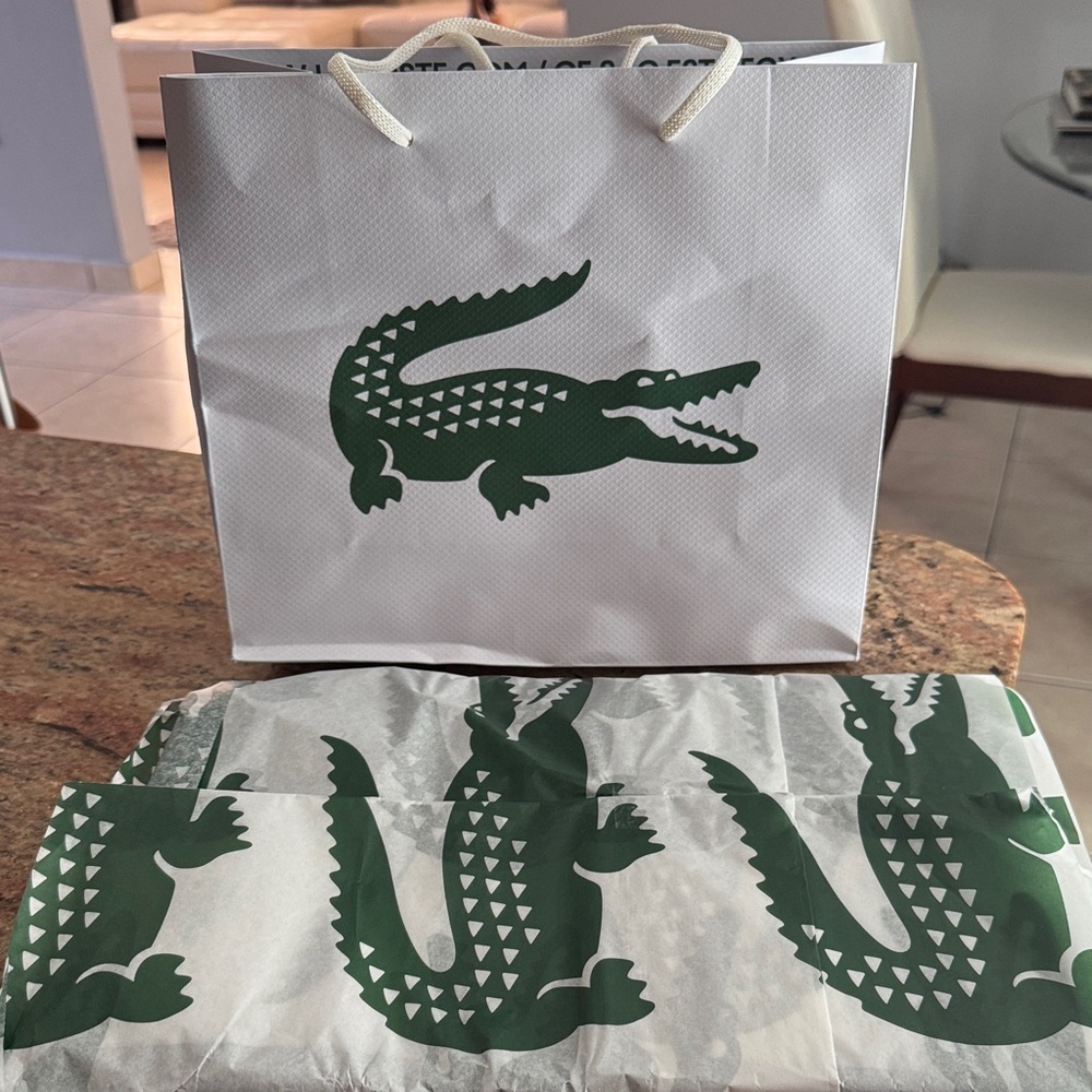Lacoste White Bag with Green Crocodile Design include tissue paper